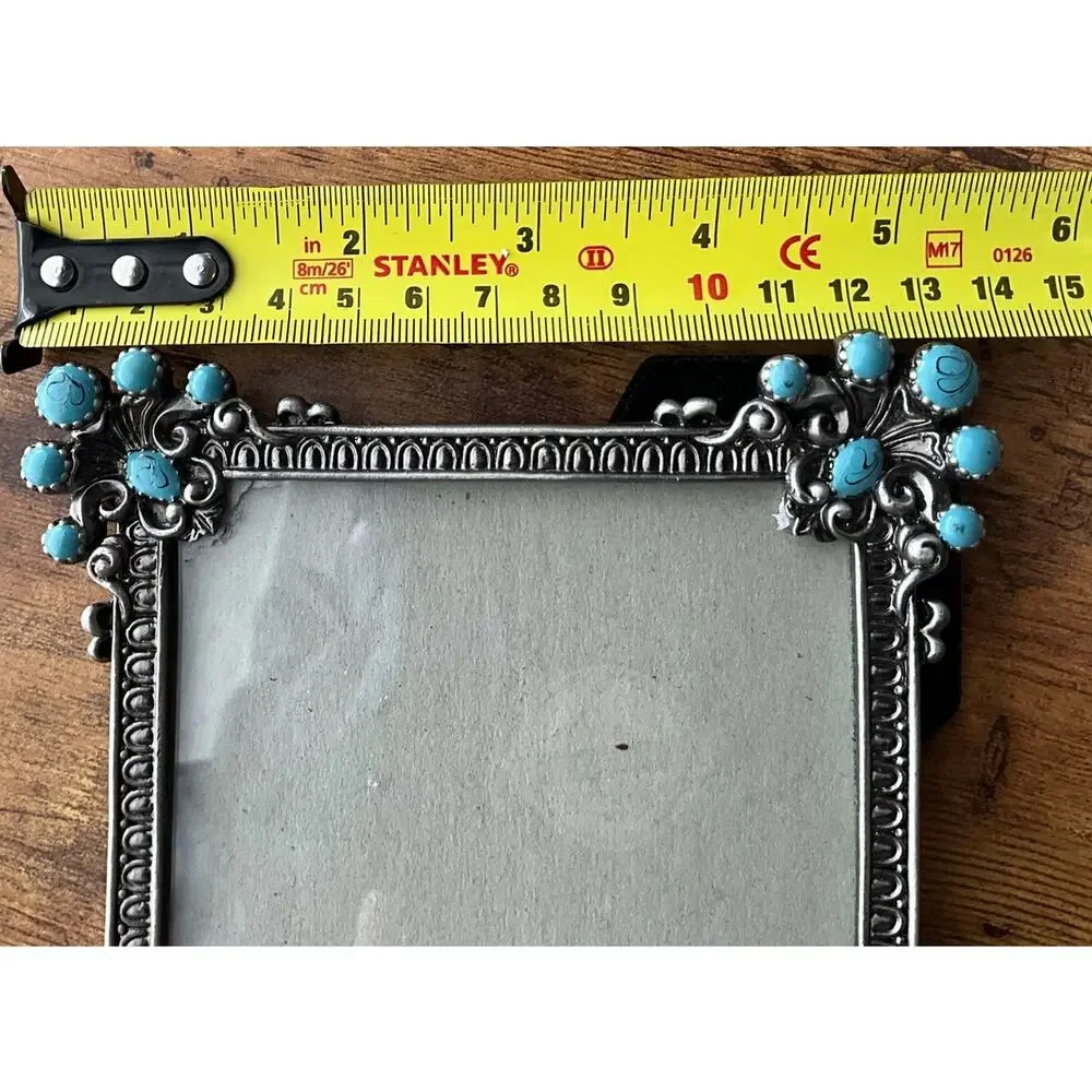 Photo Frame Silver Pewter Rectangle Turquoise Corners Accents Stand Up Easel 4X6